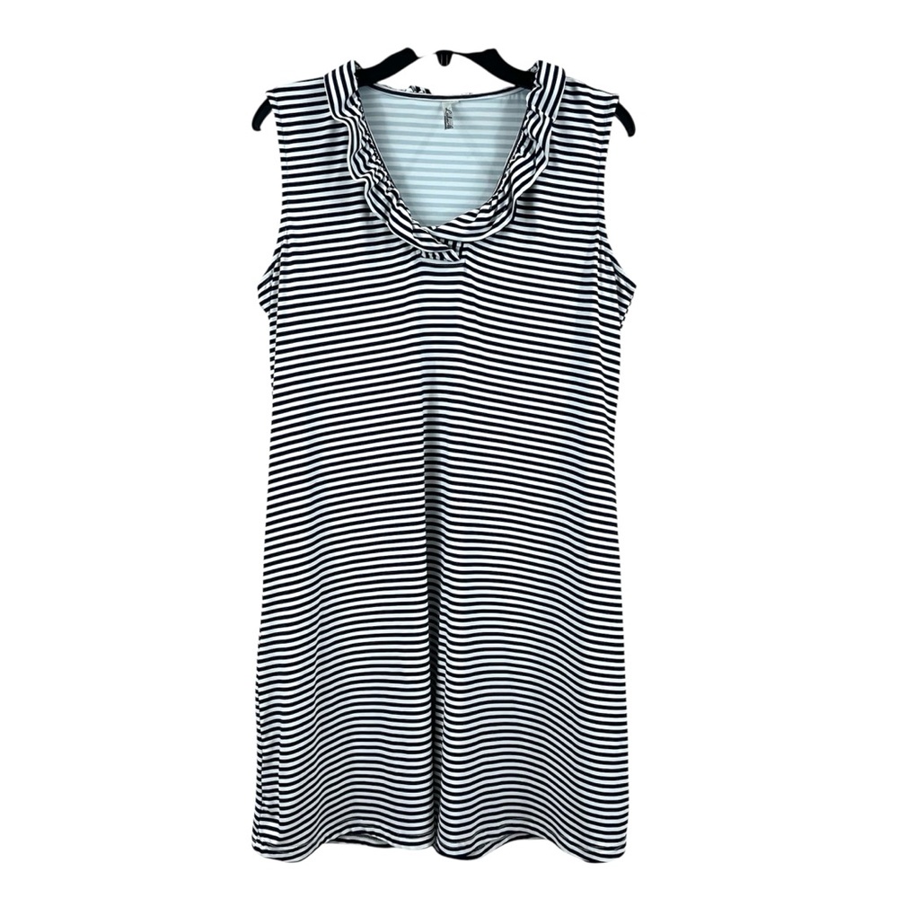 Lulu B UPF 50+ Nautical Navy White Striped Ruffle Neck Sleeveless Shift Dress